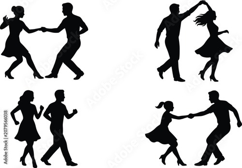 Dancing couples silhouettes, swing rockabilly dance partners, retro rock and roll dancers, romantic active people salsa tango, lindy hop