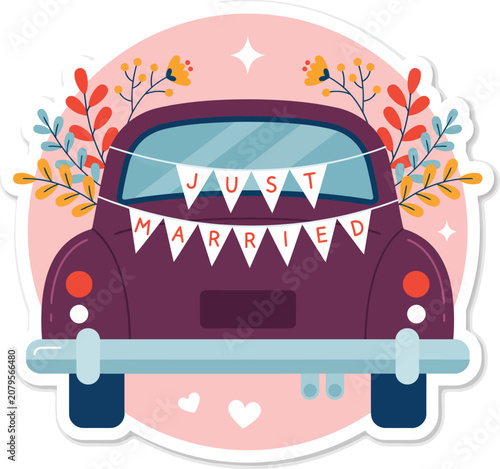 Vintage car decorated with just married banner and floral accents_1.eps