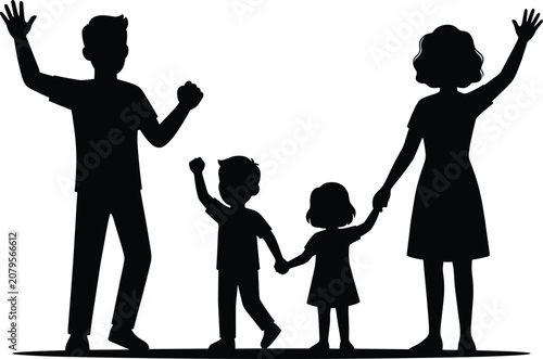 Happy family silhouette, parents and children waving hands, father mother son daughter holding hands together, black graphic icon