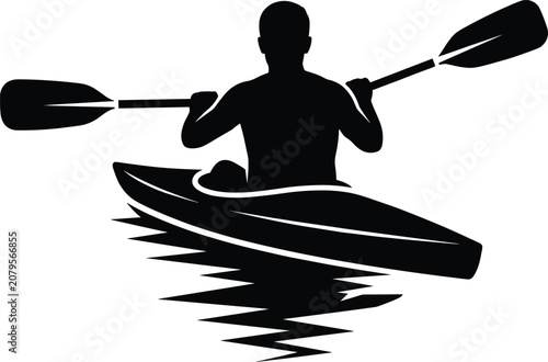 Man kayaking silhouette, black canoe paddle icon, outdoor water sports adventure, active recreation lifestyle graphic, rowing athlete illustration on river