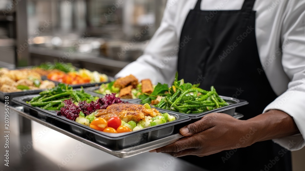 Obraz premium Chef arranges colorful healthy lunch trays in school cafeteria before students arrive at busy industrial kitchen
