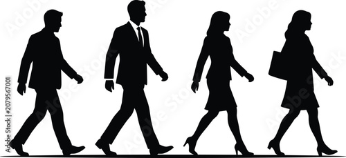 silhouette of business people walking, corporate professional team commuting together, career success group development concept, illustration image