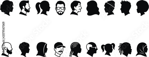Diverse people avatar silhouettes, multicultural human profile heads, man and woman face portraits, black community user icons graphic design
