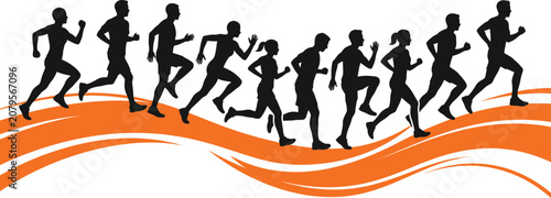 silhouette of people running marathon, dynamic group athletes jogging on abstract orange wave backdrop, fitness cardio workout, healthy lifestyle illustration