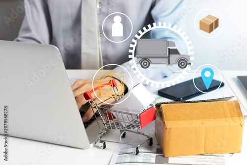 Fotografie Business concept of goods management, transport goods, arrange goods and prepare them for shipping from warehouse, distribute to transport vehicles to the destination