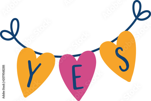 Yes bunting with heart shapes in yellow, pink, and orange.eps