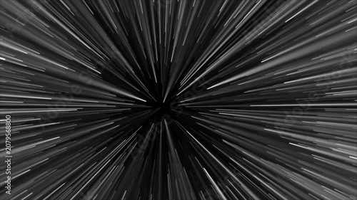 Black and white warp speed starfield with hyperspace light streaks motion background loop