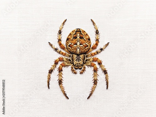 Detailed embroidery garden spider patch with ornate back patterns isolated on white background
