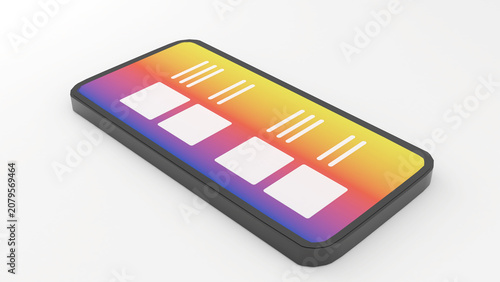 A mobile phone with a bright, colorful screen is placed on a white background. ,3d rendering
