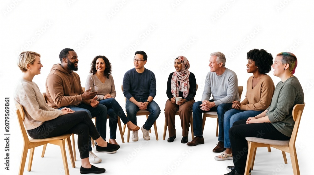 Fototapeta premium Diverse group of people sitting in a circle and engaging in conversation and discussion in white background.