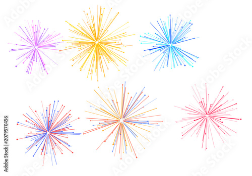 Colorful firework explosion shapes on a white background