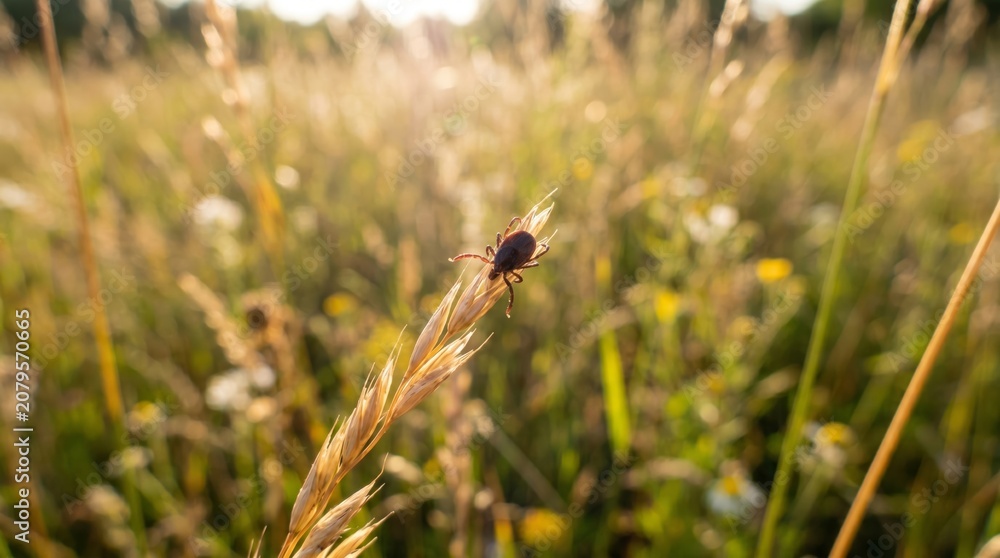 Naklejka premium Tick sitting on a blade of grass in a meadow. Parasite waiting for a host in tall green vegetation. Danger of lyme disease and encephalitis, tick-borne infection warning concept.
