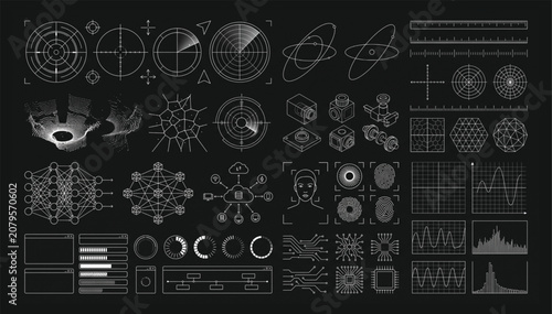 Tableau sur toile Collection of futuristic hud digital interface elements with data charts interfa