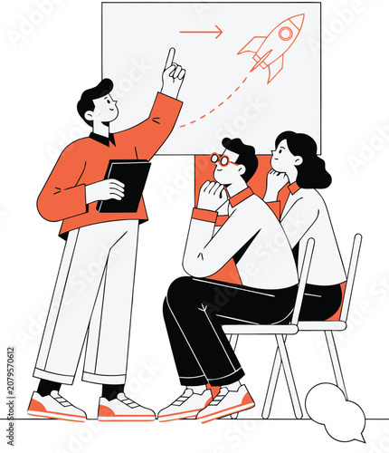 Business presentation with rocket illustration team brainstorming isolated on transparent background