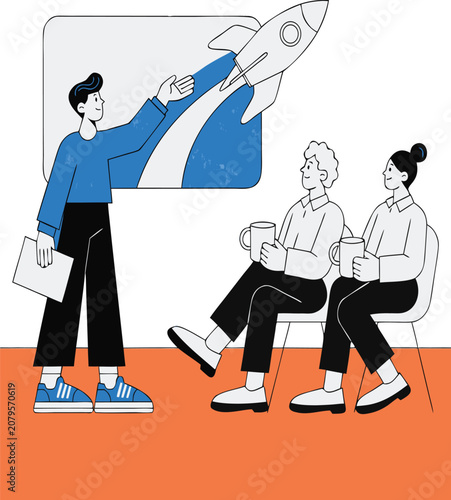 Pitch presentation with rocket illustration investor meeting isolated on transparent background