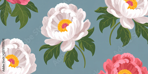 Elegant floral illustration of white and pink peonies on a blue background