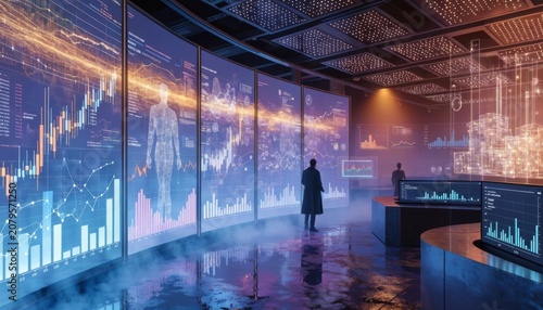 AI-powered financial analytics center with sophisticated data projections, predictive algorithms, and futuristic business intelligence systems