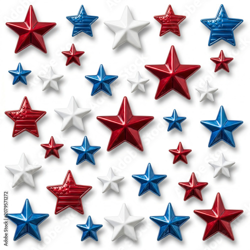 Star-Spangled Assortment: A vibrant collection of red, white, and blue stars in various sizes, evoking patriotic sentiment and celebratory themes.