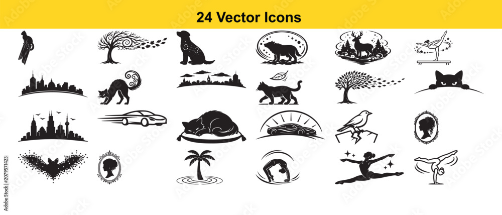 Fototapeta premium Collection of twenty four black vector icons on white background