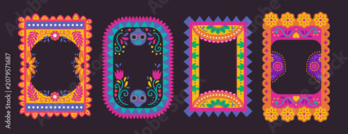 Mexican frame with vibrant border pattern for fiesta celebration. Traditional hispanic design with floral ornaments and festive decorations. Vector party invitations and cultural event backgrounds.