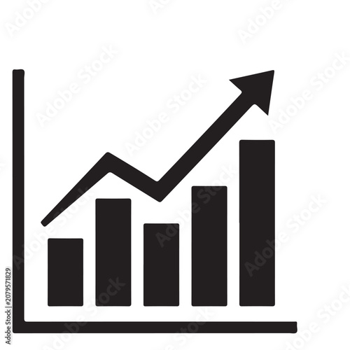Business growth bar chart icon with rising arrow for financial data analysis and profit increase vector graphic
