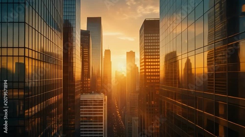 Sunset cityscape with modern glass skyscrapers