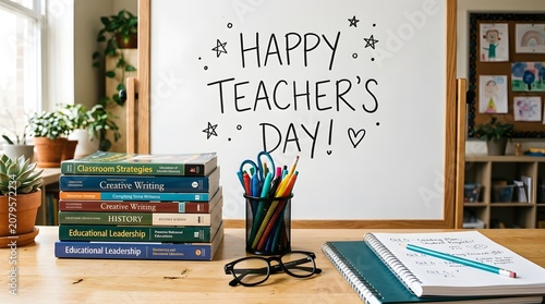 Happy teacher day classroom setup with books stationery and laptop