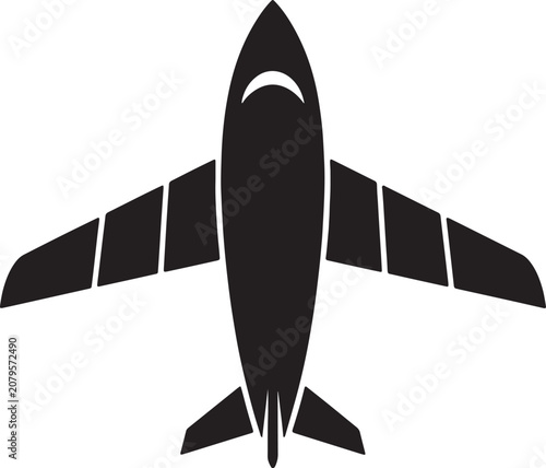 Fényképezés Minimalist black and white stylized airplane silhouette, top-down view also tran