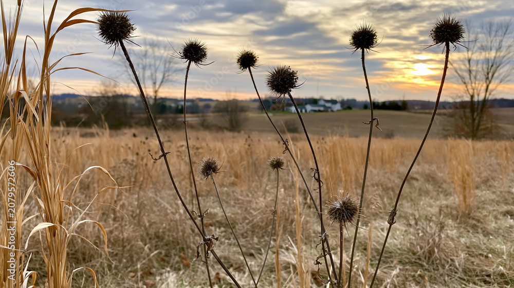 Fototapeta premium Tall dry grass stalks with thistle heads at sunset