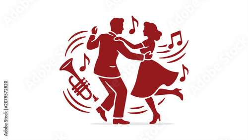 Foto Red silhouette vector illustration of a retro couple dancing swing to jazz music
