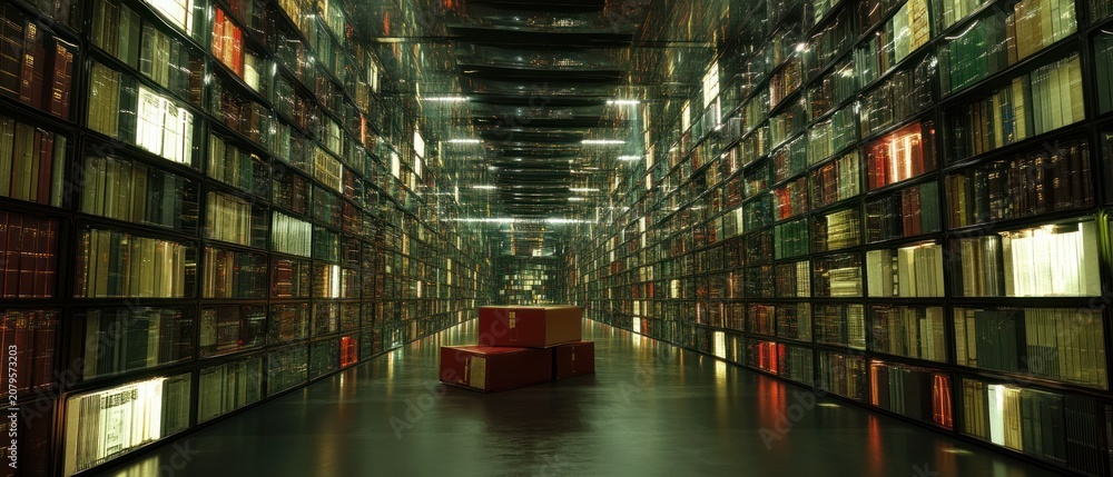 Fototapeta premium Modern library corridor bookshelves collection knowledge education literature reading research