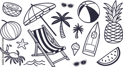 Summer Beach Vacation Doodle Set - Hand Drawn Umbrella, Palm Tree, Pineapple and Surfboard Icons Vector