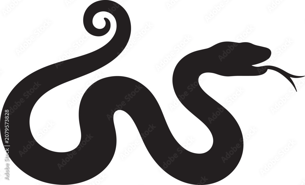 Fototapeta premium Black silhouette of a stylized snake with curved body, minimalist line also transparent background
