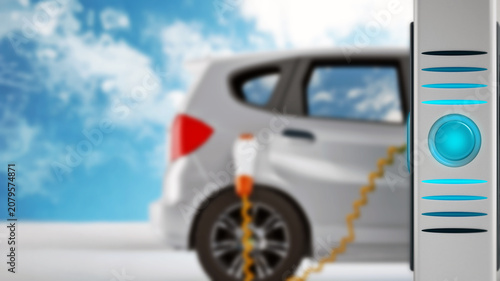 Foto Electric car plugged in a charging station. 3D illustration