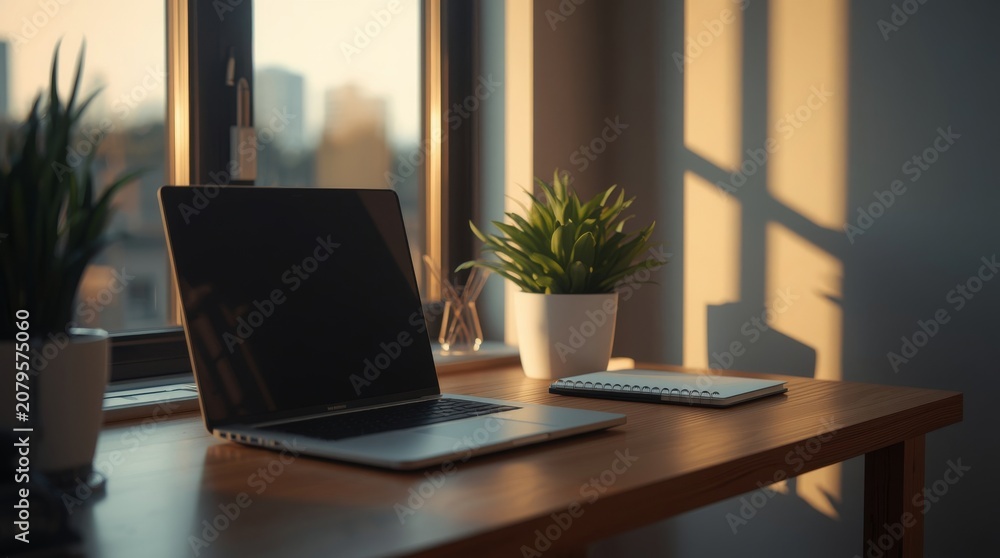 Fototapeta premium Elegant desk setup with laptop, plant, and notebook near a window with golden hour lighting and soft cinematic shadows