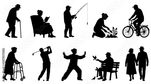 Senior Citizen Silhouette Collection Set Featuring Active Elderly People Engaging In Hobbies Like Gardening Cycling Golfing And Walking For Design