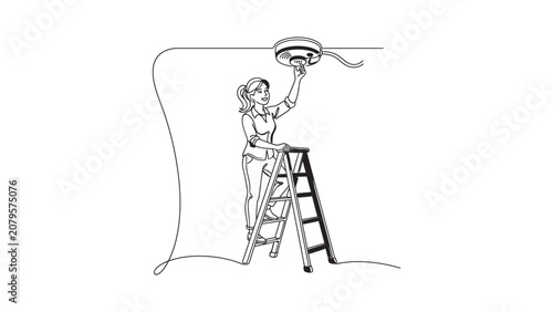 A line art illustration of a woman installing a smoke detector on the ceiling while standing on a ladder.
