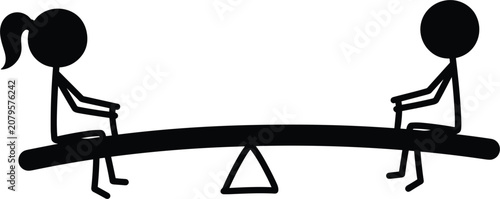 фотографія Two children stick figures playing together on a seesaw teeter totter board isol