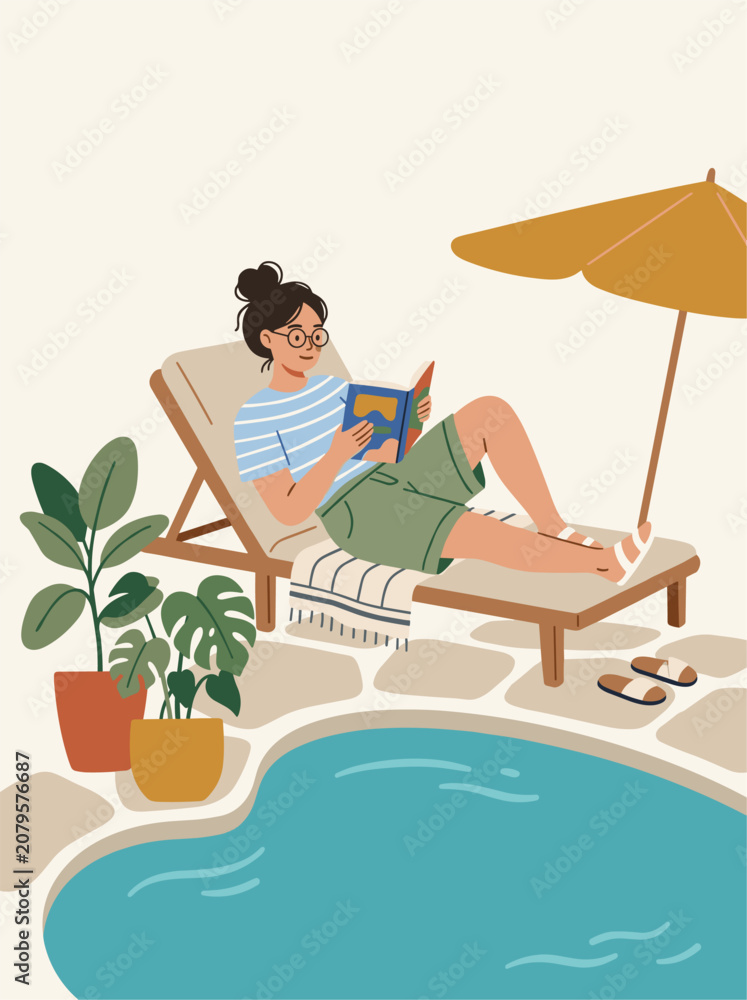 Obraz premium Woman relaxing on lounge chair reading book beside swimming pool