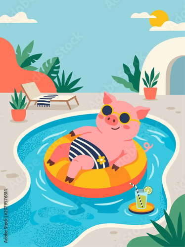 Cute pig floating in resort swimming pool enjoying summer vacation
