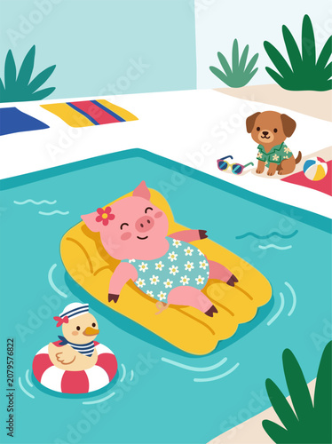 Cute pig floating on inflatable mattress in swimming pool during summer vacation