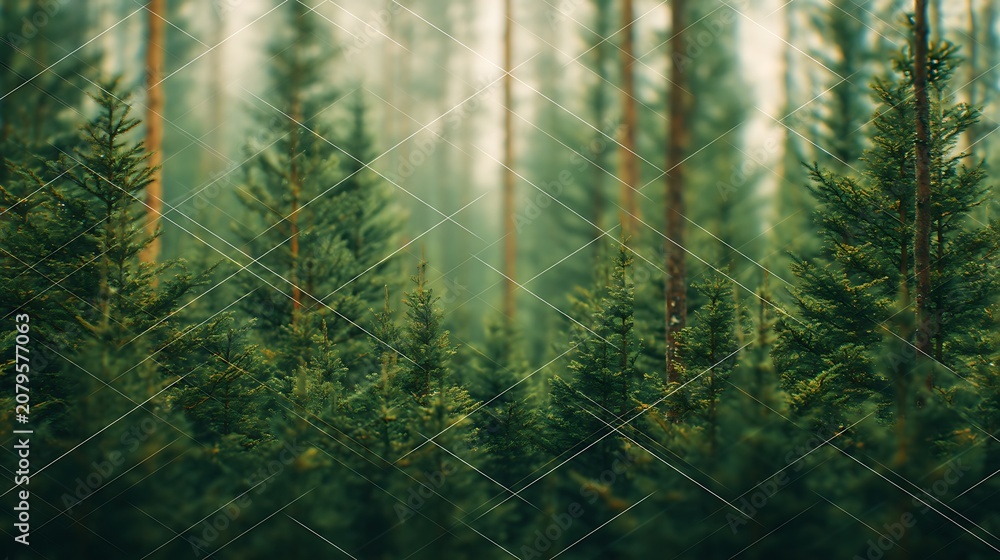 Obraz premium A dense forest of evergreen trees with sunlight filtering through, creating a serene and peaceful natural atmosphere.