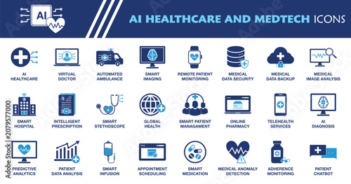 AI Healthcare and Medical Technology Icon Set. Collection of Virtual Doctor, Automated Ambulance, Smart Hospital, Telehealth Services, Global Health, Smart Medication and More Icons. Editable Vector I