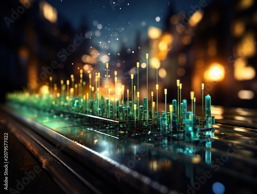 Blurred green and blue city lights combined with stock market numbers for business themes