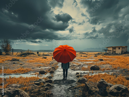 Business Concept with Umbrella in Stormy Field Symbolizing Resilience