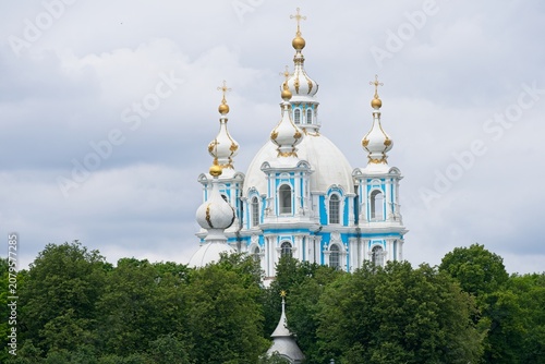 Saint Petersburg, Russia, June 27, 2026. The towers and domes of Smolny Cathedral in summer.                               