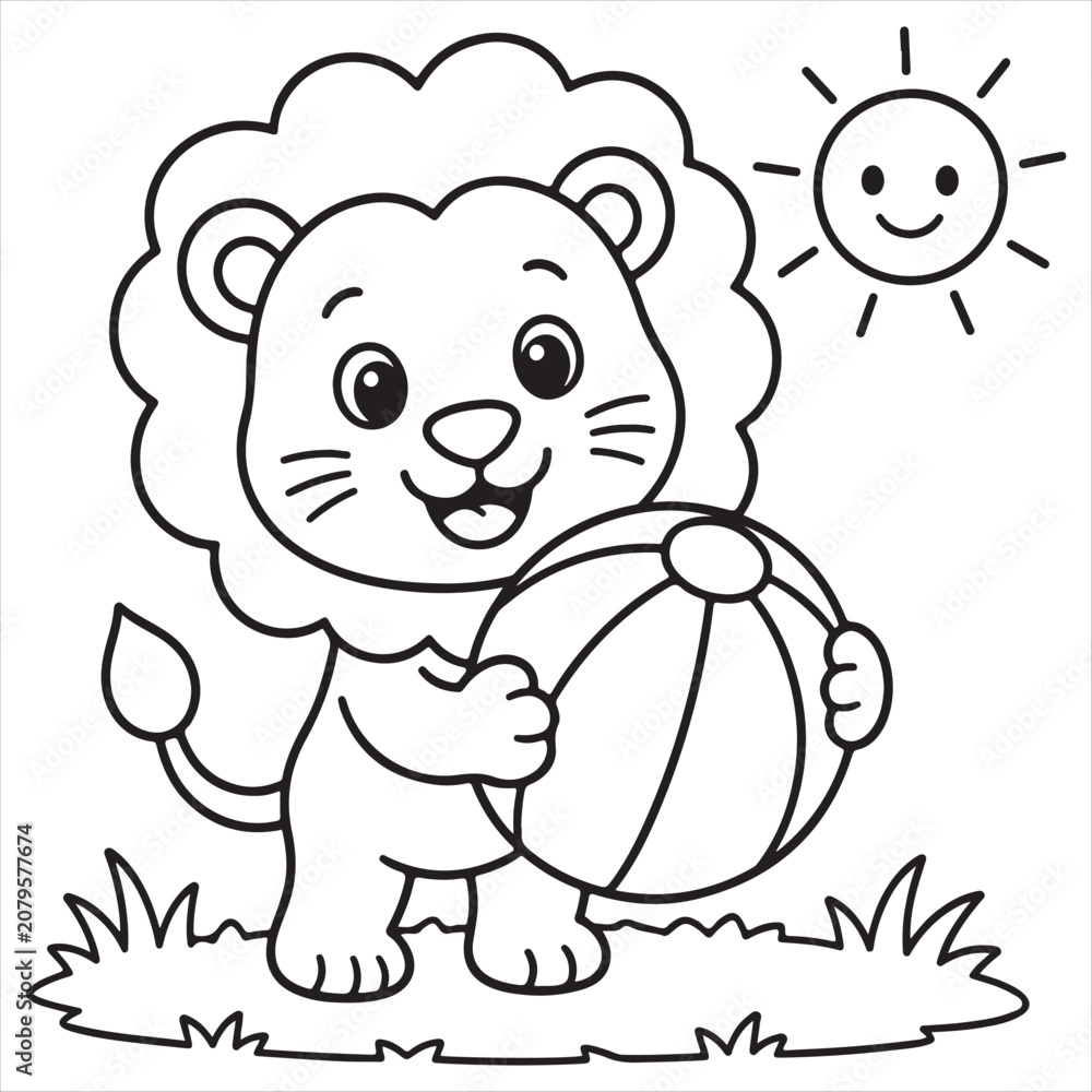 Obraz premium Cute Cartoon Lion Holding Heart in Sunny Meadow Illustration