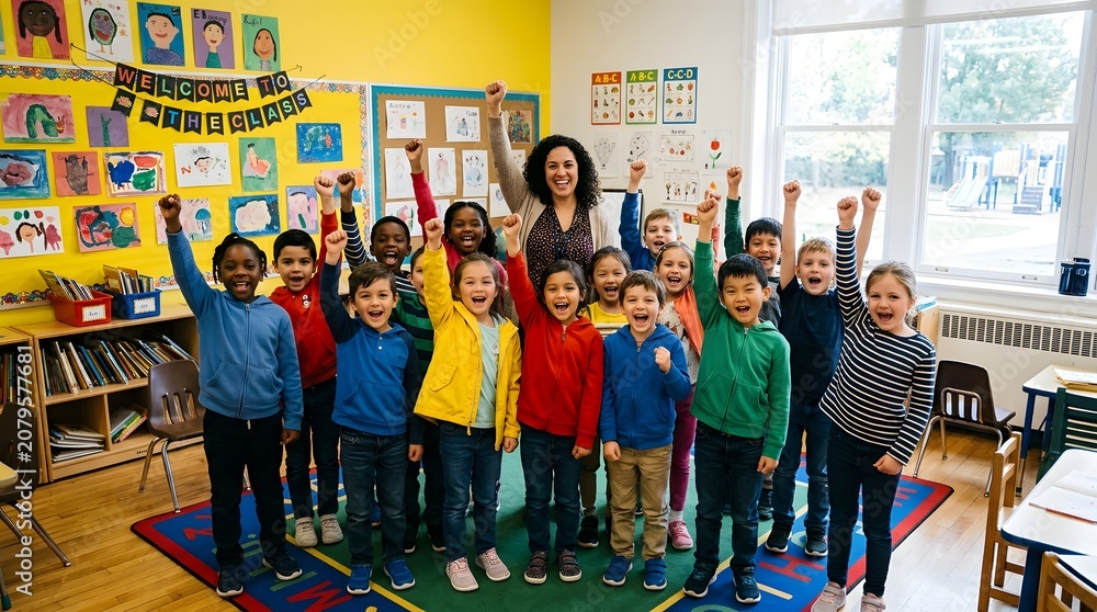 Obraz premium Celebrating teacher day joyful elementary students and teacher in classroom