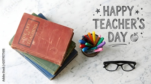 Happy teacher day books glasses and stationery for educator appreciation