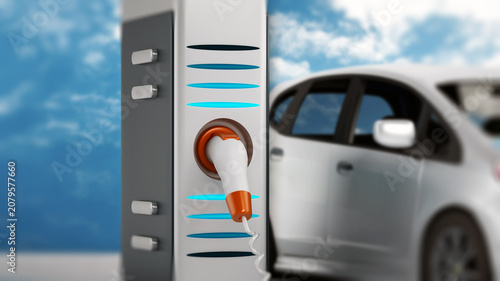 Bild auf Leinwand Electric car plugged in a charging station. 3D illustration
